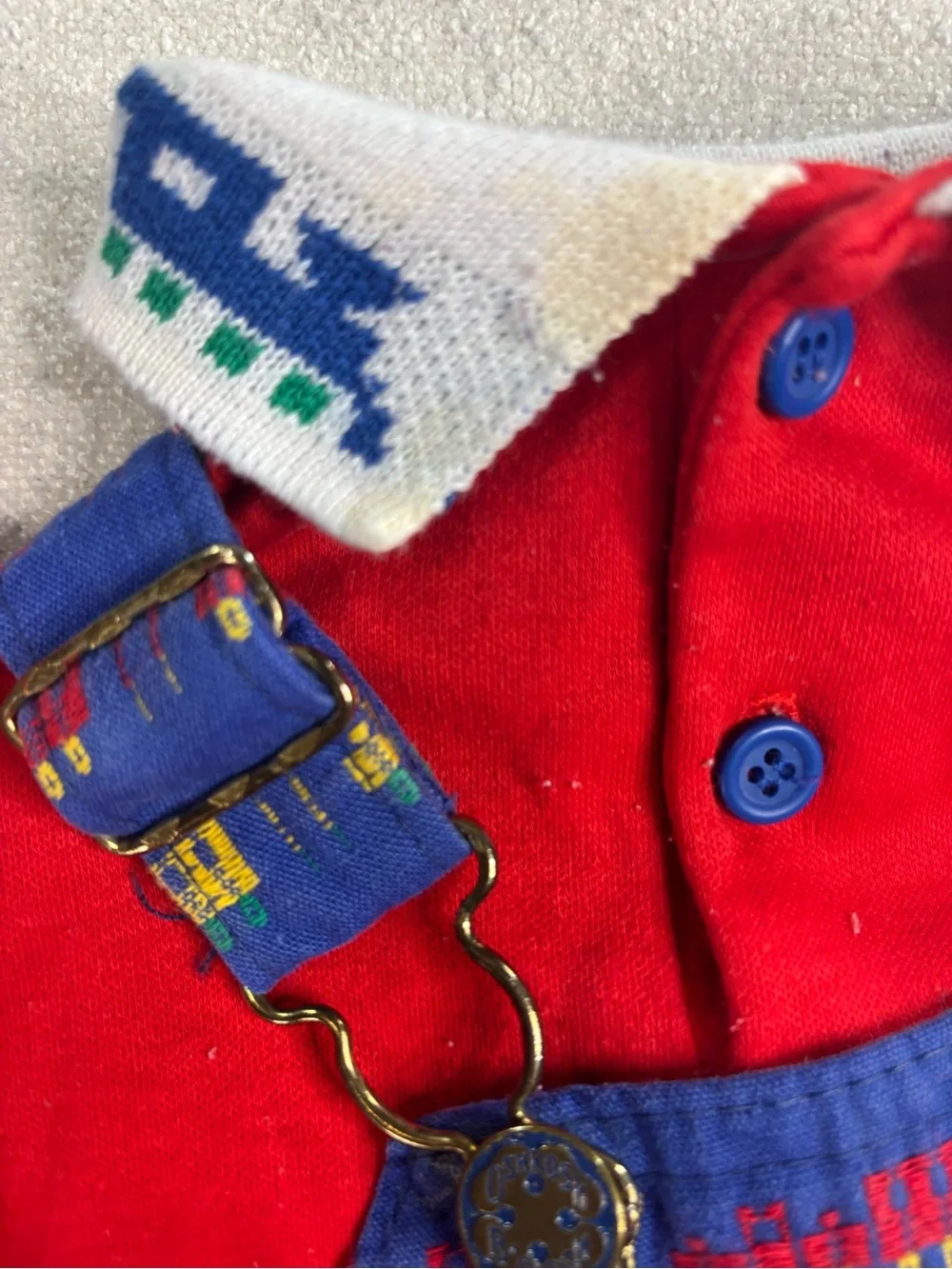Vintage OshKosh B’Gosh Baby Train Shortall Outfit Set USA Red Blue 6-9 Months